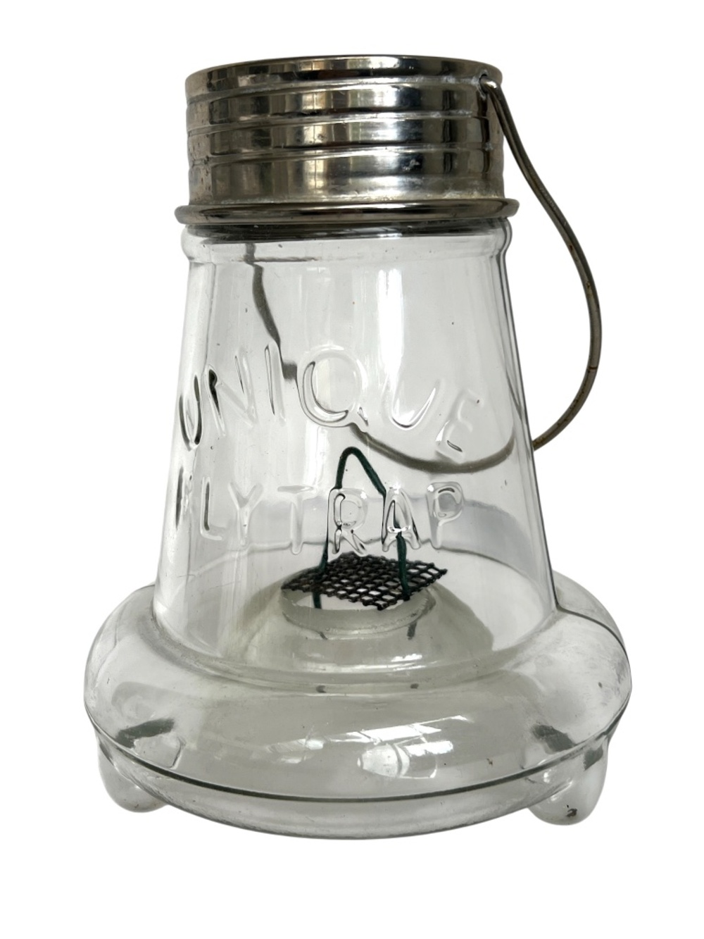 Unique Fly Trap Clear Glass With Feet Vintage Metal Lid With Hanger 7" Tall